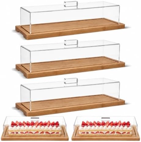 3 Pack Natural Wood Color Cake Stand Serving Tray with Acrylic Lid, 15 x 6 x 4 Inches Charcuterie Table Display