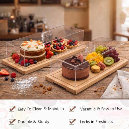 3 Pack Natural Wood Color Cake Stand Serving Tray with Acrylic Lid, 15 x 6 x 4 Inches Charcuterie Table Display, alternate