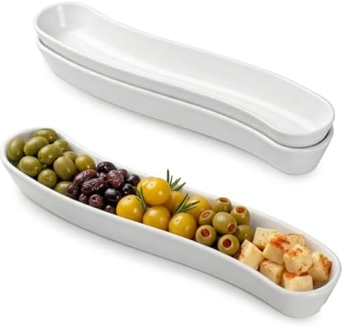 3 Pack Olive Trays, 12" Ceramic Olive Dish for Appetizers Crackers in 12 inches in White