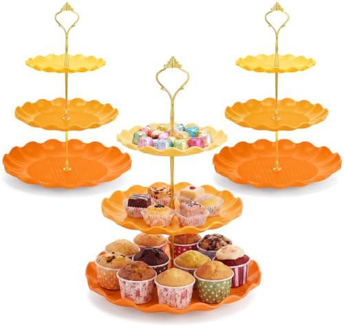 3 Pack Orange Cupcake Stands, Round 3-Tier Gradient Serving Tray, Plastic Dessert Table Display Tower for