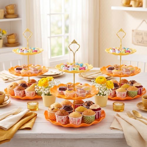 3 Pack Orange Cupcake Stands, Round 3-Tier Gradient Serving Tray, Plastic Dessert Table Display Tower for, alternate view 2