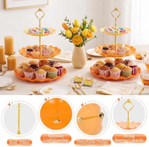 3 Pack Orange Cupcake Stands, Round 3-Tier Gradient Serving Tray, Plastic Dessert Table Display Tower for, alternate view 5