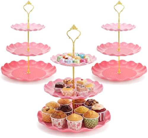 3 Pack Pink Cupcake Stands, Round 3-Tier Gradient Serving Tray in Pink
