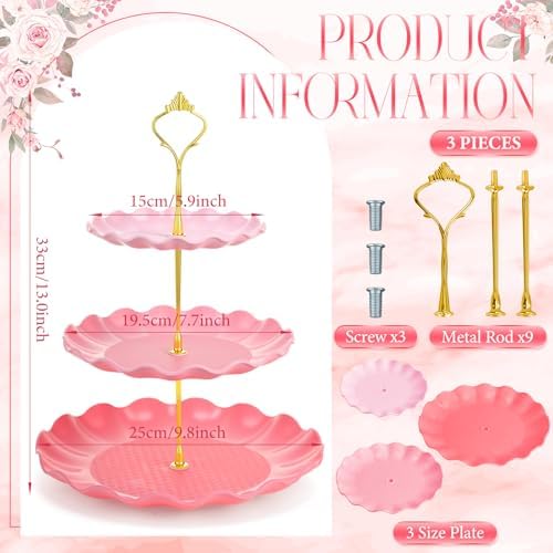 3 Pack Pink Cupcake Stands, Round 3-Tier Gradient Serving Tray in Pink, alternate view 3