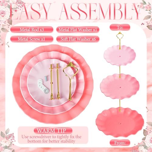 3 Pack Pink Cupcake Stands, Round 3-Tier Gradient Serving Tray in Pink, alternate view 4