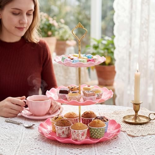 3 Pack Pink Cupcake Stands, Round 3-Tier Gradient Serving Tray in Pink, alternate view 6