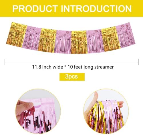 3 Pack Pink Gold Foil Fringe Garland 30ft Wall Tinsel Banner in Pink Gold, alternate view 2