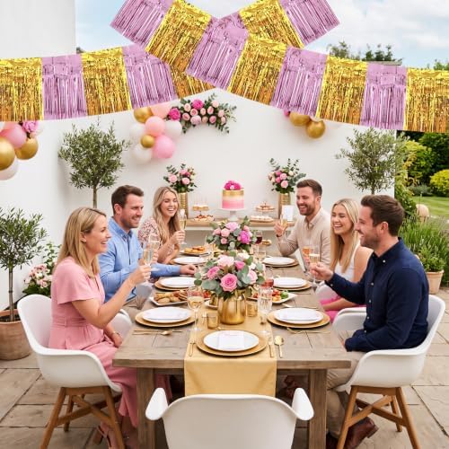 3 Pack Pink Gold Foil Fringe Garland 30ft Wall Tinsel Banner in Pink Gold, alternate view 5