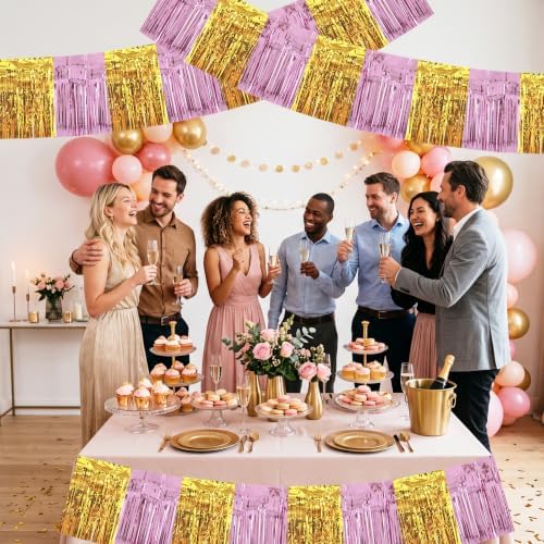3 Pack Pink Gold Foil Fringe Garland 30ft Wall Tinsel Banner in Pink Gold, alternate view 6