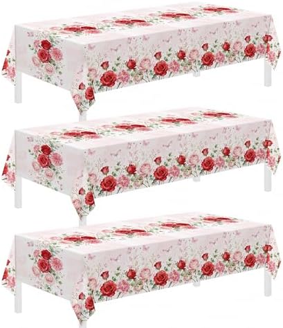 3 Pack Pink Tablecloth, Floral Tablecloth,54" x 108" Disposable Plastic Table Cloth for Rectangle, Pink Table