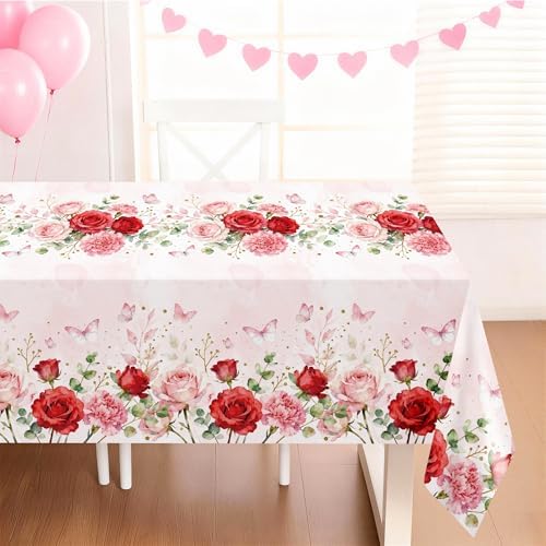 3 Pack Pink Tablecloth, Floral Tablecloth,54" x 108" Disposable Plastic Table Cloth for Rectangle, Pink Table, alternate view