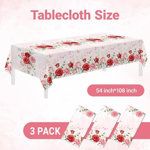 3 Pack Pink Tablecloth, Floral Tablecloth,54" x 108" Disposable Plastic Table Cloth for Rectangle, Pink Table, alternate view
