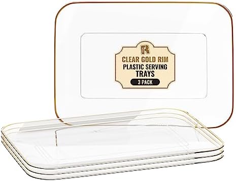 3 Pack Plastic Serving Trays for Party - Gold Serving Tray 8 x 11 Inch - Heavy Duty Dessert Trays for Food