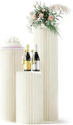 3 Pack Portable White Cylinder Stands for Party, 31.5", 23.6", 15.7" Height Foldable Cardboard Tall Cake