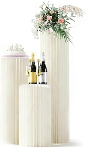 3 Pack Portable White Cylinder Stands for Party, 31.5", 23.6", 15.7" Height Foldable Cardboard Tall Cake