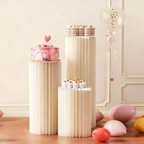 3 Pack Portable White Cylinder Stands for Party, 31.5", 23.6", 15.7" Height Foldable Cardboard Tall Cake, alternate view 2