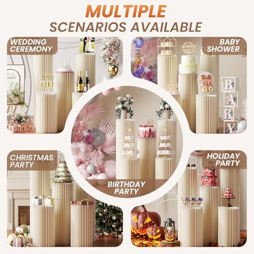 3 Pack Portable White Cylinder Stands for Party, 31.5", 23.6", 15.7" Height Foldable Cardboard Tall Cake, alternate view 6
