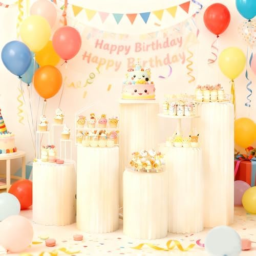 3 Pack Portable White Cylinder Stands for Party, 31.5", 23.6", 15.7" Height Foldable Cardboard Tall Cake, alternate view 2