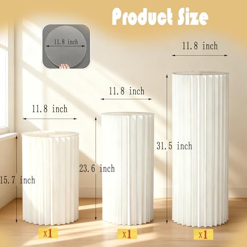 3 Pack Portable White Cylinder Stands for Party, 31.5", 23.6", 15.7" Height Foldable Cardboard Tall Cake, alternate view 3