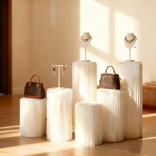3 Pack Portable White Cylinder Stands for Party, 31.5", 23.6", 15.7" Height Foldable Cardboard Tall Cake, alternate view 4