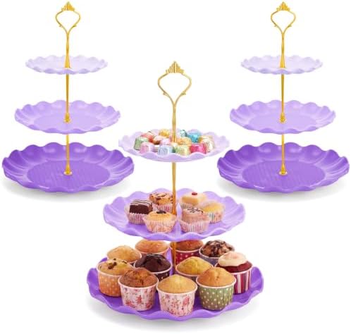 3 Pack Purple Cupcake Stands, Round 3-Tier Gradient Serving Tray, Plastic Dessert Table Display Tower for