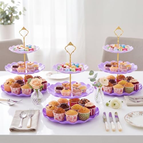 3 Pack Purple Cupcake Stands, Round 3-Tier Gradient Serving Tray, Plastic Dessert Table Display Tower for, alternate view 2