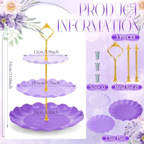 3 Pack Purple Cupcake Stands, Round 3-Tier Gradient Serving Tray, Plastic Dessert Table Display Tower for, alternate view 3