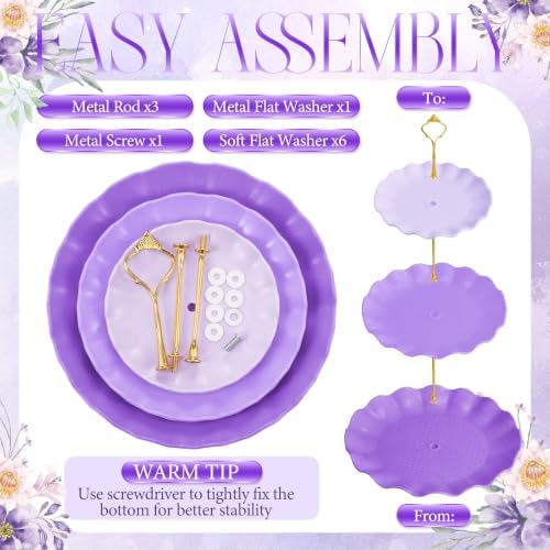 3 Pack Purple Cupcake Stands, Round 3-Tier Gradient Serving Tray, Plastic Dessert Table Display Tower for, alternate view 4