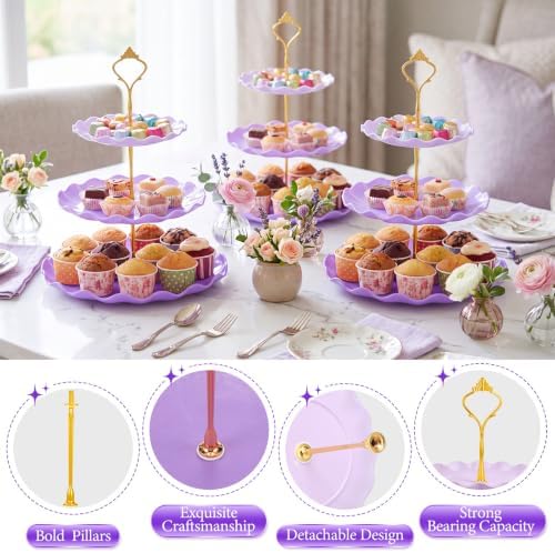3 Pack Purple Cupcake Stands, Round 3-Tier Gradient Serving Tray, Plastic Dessert Table Display Tower for, alternate view 5