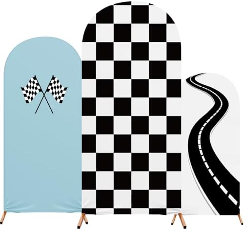 3 Pack Racing Theme Checkered Arch Backdrop Cover Set, Blue in 4ft x 1.65ft, 5ft x 2.1ft, 6ft x 2.6ft in Blue