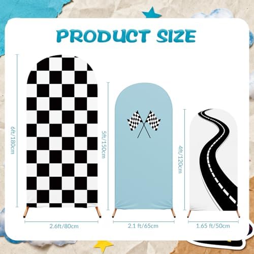 3 Pack Racing Theme Checkered Arch Backdrop Cover Set, Blue in 4ft x 1.65ft, 5ft x 2.1ft, 6ft x 2.6ft in Blue, alternate view