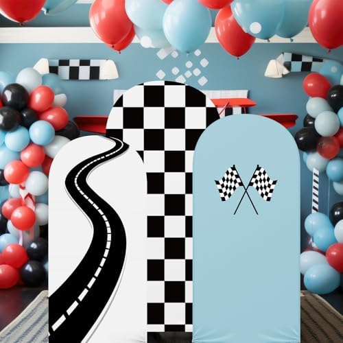 3 Pack Racing Theme Checkered Arch Backdrop Cover Set, Blue in 4ft x 1.65ft, 5ft x 2.1ft, 6ft x 2.6ft in Blue, alternate view