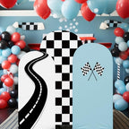 3 Pack Racing Theme Checkered Arch Backdrop Cover Set, Blue in 4ft x 1.65ft, 5ft x 2.1ft, 6ft x 2.6ft in Blue, alternate view