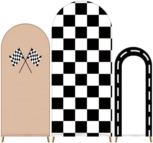 3 Pack Racing Theme Checkered Arch Backdrop Cover Set, Khaki in 4ft x 1.65ft, 5ft x 2.1ft, 6ft x 2.6ft in Khaki