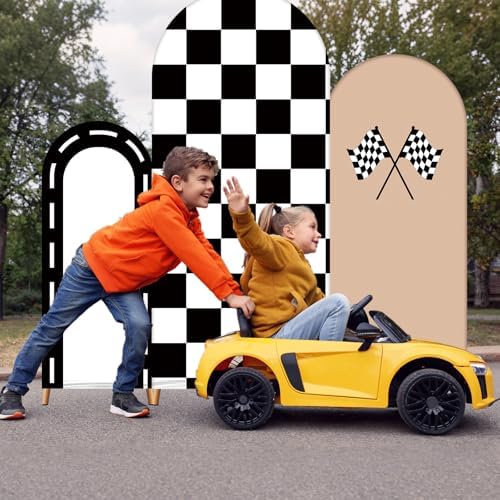 3 Pack Racing Theme Checkered Arch Backdrop Cover Set, Khaki in 4ft x 1.65ft, 5ft x 2.1ft, 6ft x 2.6ft in Khaki, alternate