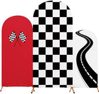 3 Pack Racing Theme Checkered Arch Backdrop Cover Set, Red in 4ft x 1.65ft, 5ft x 2.1ft, 6ft x 2.6ft in Red
