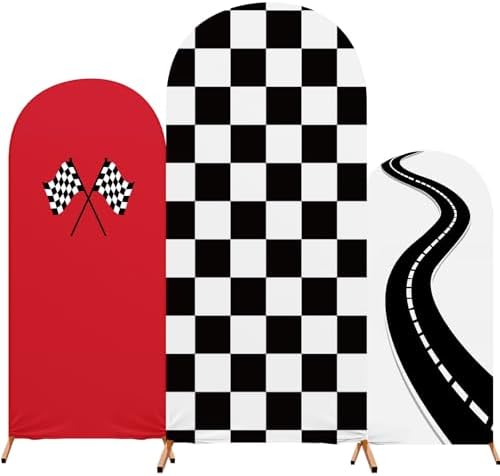 3 Pack Racing Theme Checkered Arch Backdrop Cover Set, Red in 4ft x 1.65ft, 5ft x 2.1ft, 6ft x 2.6ft in Red