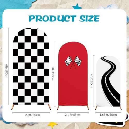 3 Pack Racing Theme Checkered Arch Backdrop Cover Set, Red in 4ft x 1.65ft, 5ft x 2.1ft, 6ft x 2.6ft in Red, alternate view 2