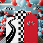 3 Pack Racing Theme Checkered Arch Backdrop Cover Set, Red in 4ft x 1.65ft, 5ft x 2.1ft, 6ft x 2.6ft in Red, alternate view 5
