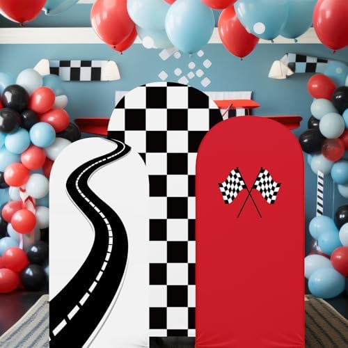 3 Pack Racing Theme Checkered Arch Backdrop Cover Set, Red in 4ft x 1.65ft, 5ft x 2.1ft, 6ft x 2.6ft in Red, alternate view 5