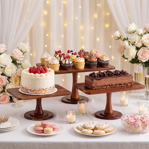 3 Pack Rectangular Acacia Wood Cake Stand 11/13/15 Inch in Brown