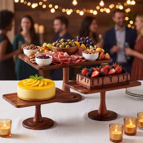 3 Pack Rectangular Acacia Wood Cake Stand 11/13/15 Inch in Brown, alternate view 6