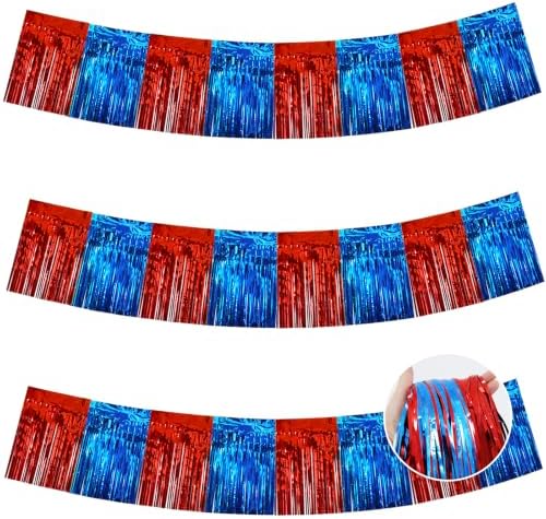 3 Pack Red Blue Foil Fringe Garland 30ft Wall Tinsel Banner in Red Blue