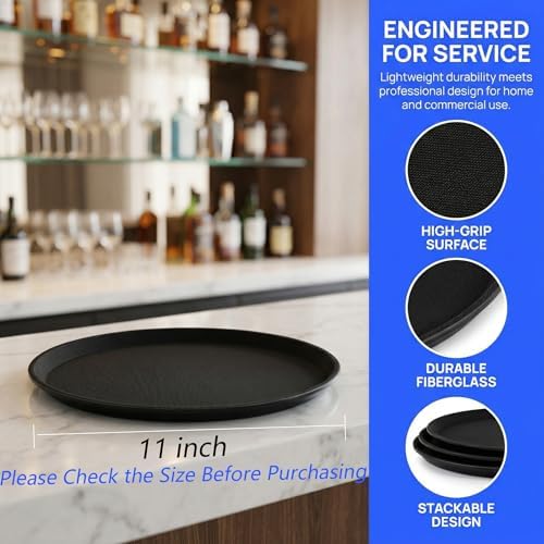 3 Pack Restaurant Serving Trays, 11 Inch Fiberglass Black Round Tray Non Slip Food Service Platters Cocktail, alternate view