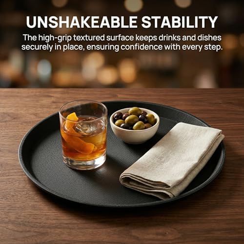 3 Pack Restaurant Serving Trays, 11 Inch Fiberglass Black Round Tray Non Slip Food Service Platters Cocktail, alternate view