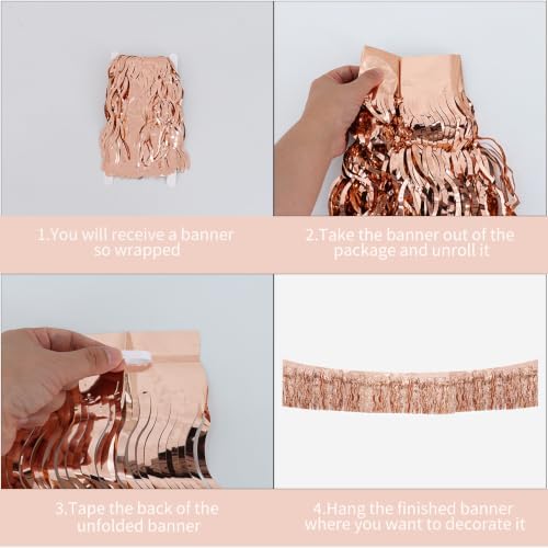 3 Pack Rose Gold Wavy Foil Fringe Garland 30ft Tinsel Wall Decor in Wavy Rose Gold, alternate view 3