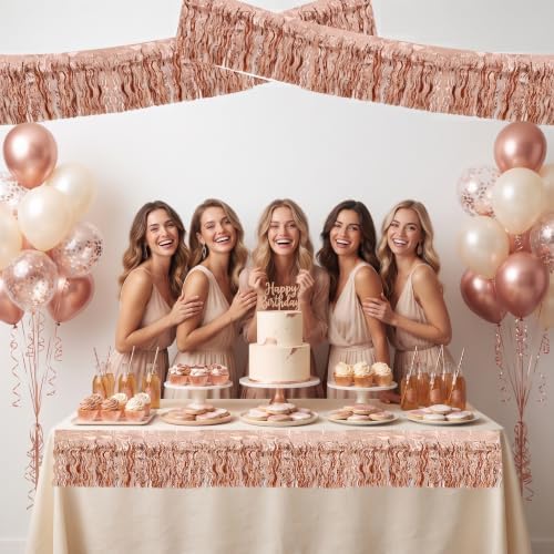 3 Pack Rose Gold Wavy Foil Fringe Garland 30ft Tinsel Wall Decor in Wavy Rose Gold, alternate view 6