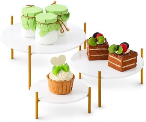 3 Pack Round Acrylic Dessert Display Stands, White and Gold Serving Trays with Painted Iron Legs, Removable