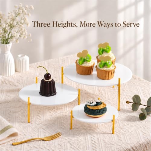 3 Pack Round Acrylic Dessert Display Stands, White and Gold Serving Trays with Painted Iron Legs, Removable, alternate view 4