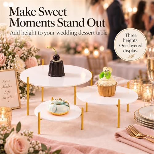 3 Pack Round Acrylic Dessert Display Stands, White and Gold Serving Trays with Painted Iron Legs, Removable, alternate view 5